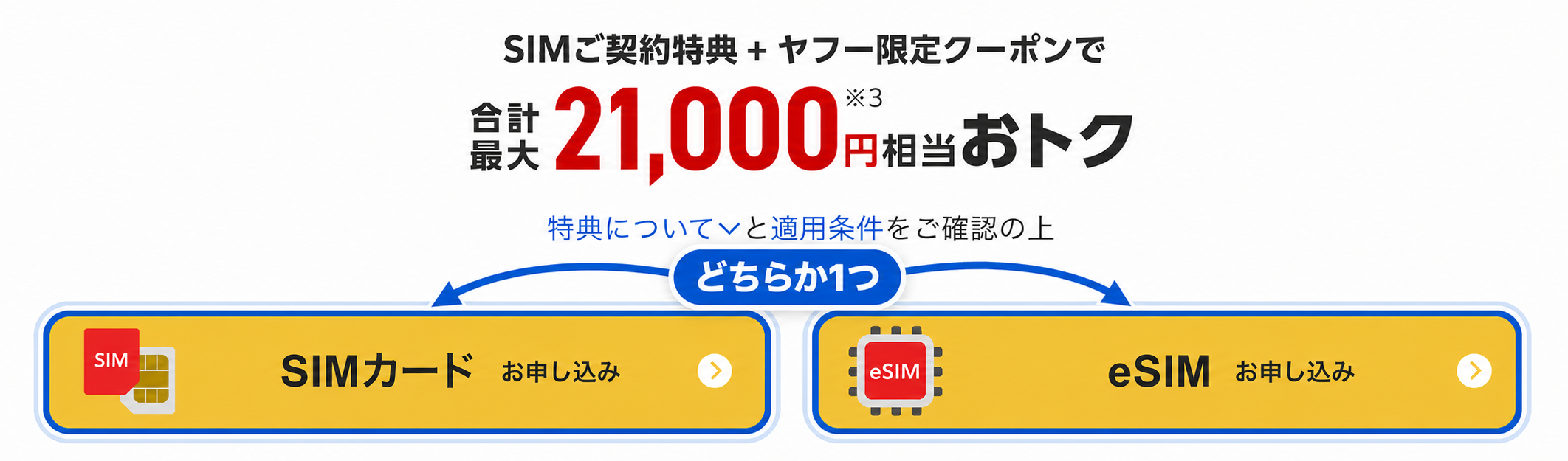 SIMカードとeSIM、2種類の申し込みボタンを矢印で示した操作画面